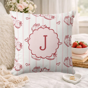 Rött och Rosa Cottagecore Jordgubb Monogram Kudde