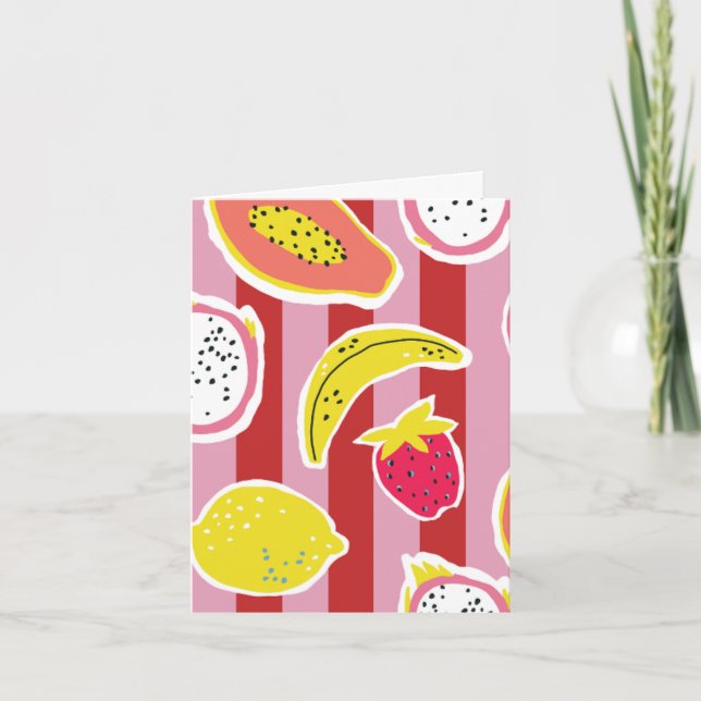 rött och rosa randigt kort med tropisk frukt (Framsida)