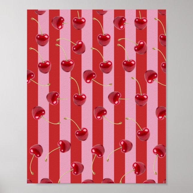 Rött och rosa randigt mönster med körsbär poster (Framsidan)