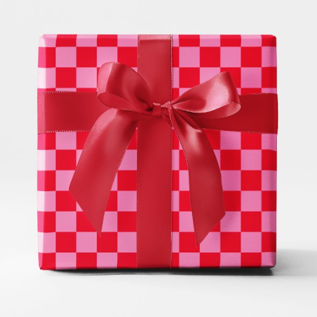 Rött och rosa rutigt presentpapper (Bright Red and Pink Checkered Wrapping Paper)