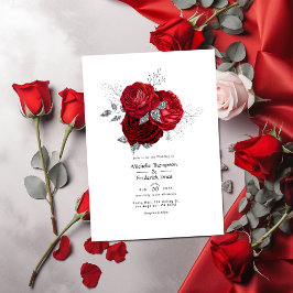 Rött och silver blommande bröllop inbjudningar