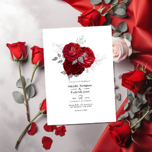 Rött och silver blommande bröllop inbjudningar