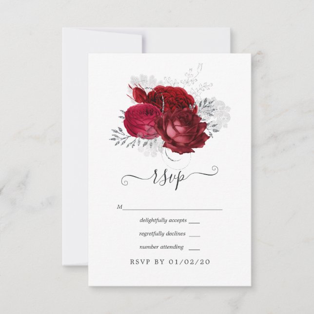 Rött och silver blommande bröllop OSA kort (Framsida)