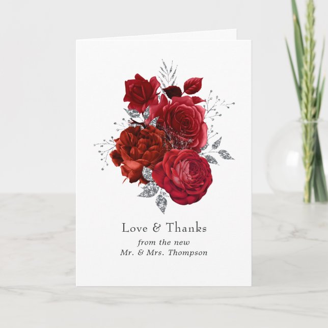 Rött och silver blommande bröllop tack kort (Framsida)