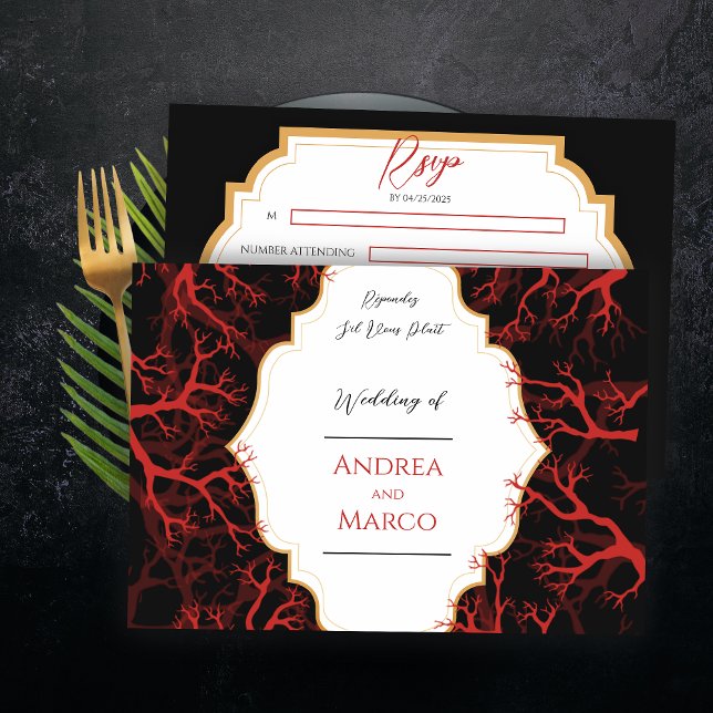 Rött och svart Bröllop OSA för gotisk Mörk (Zazzle Red and Black Gothic Dark Wedding RSVP Card)
