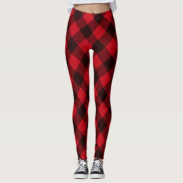 Rött och svart Buffalo Check-rutigt vintermönster Leggings (Framsida)