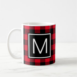 Rött och svart Buffalo-rutig monogram Kaffemugg