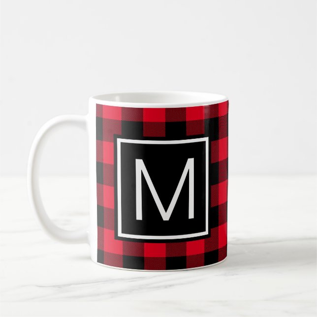 Rött och svart Buffalo-rutig monogram Kaffemugg (Vänster)