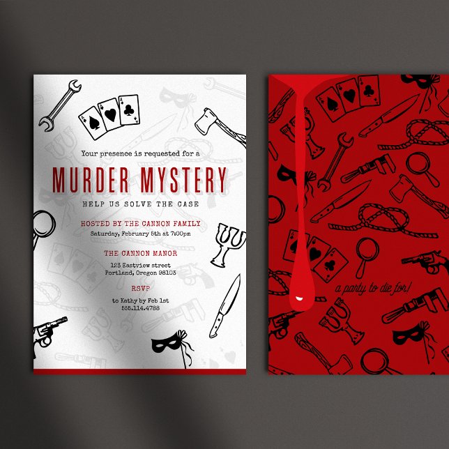 Rött och svart mordgåta inbjudan (Fun murder mystery party invitations shown on grey background with mysterious shadow overlay)