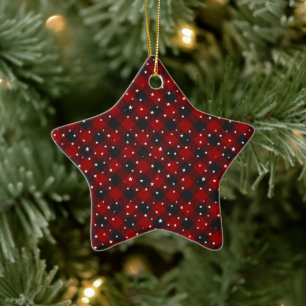 Rött och svart rutigt med stjärnor keramisk julgra julgransprydnad keramik