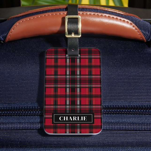 Rött och svart rutigt Tartan-mönster med text Bagagebricka (Framsida Insitu 2)
