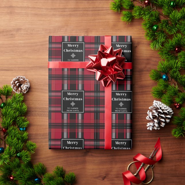 Rött och svart rutigt Tartan-mönster med text Presentpapper (Julgåva)
