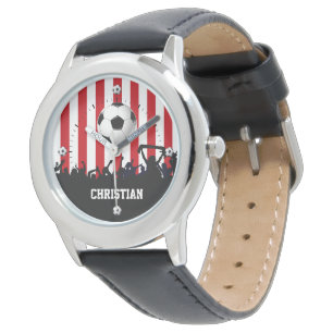 Rött och vit görar randig fotbollfläktar och armbandsur