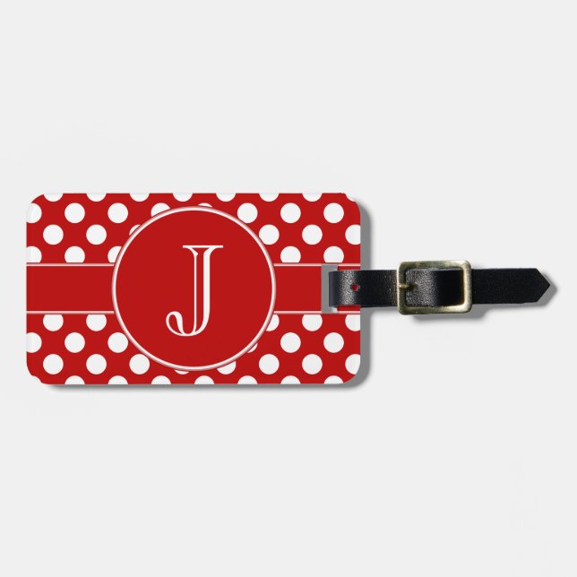 Rött och vit Polka-Pricka den Monogrammed Bagagebricka (Horisontell Framsida)