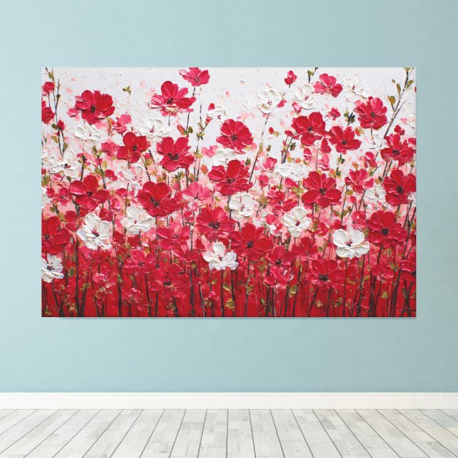 Rött och Vitt Blommigt Fält – Impasto Väggkonst Canvastryck (Insitu (trägolv))