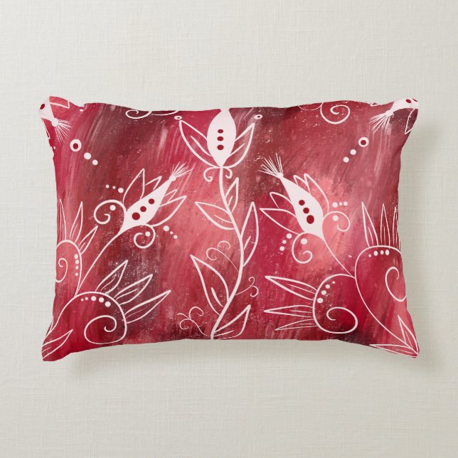 Rött och vitt Blommönster Prydnadskudde (Framsidan)