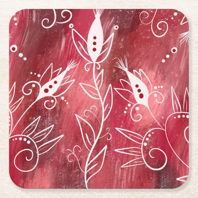 Rött och vitt Blommönster Underlägg Papper Kvadrat (Framsidan)