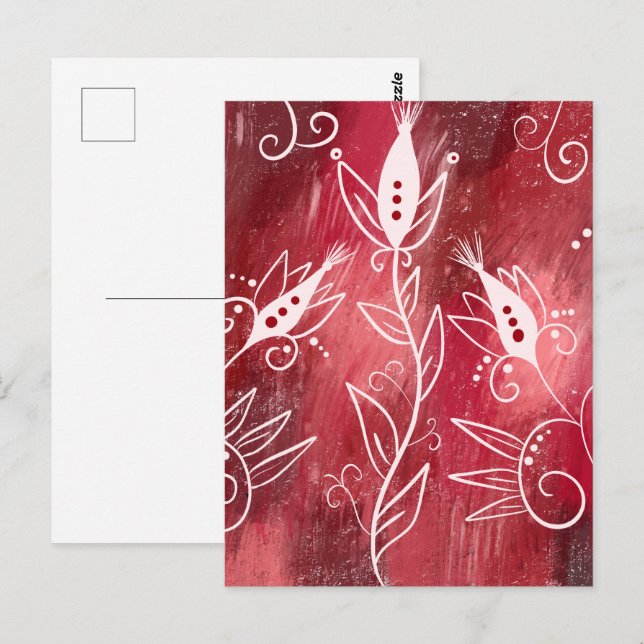 Rött och vitt Blommönster Vykort (Fram/baksida)