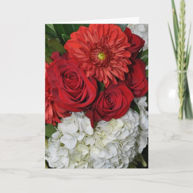 Rött och vitt blomsterbukett gratulationskort kort (Framsida)