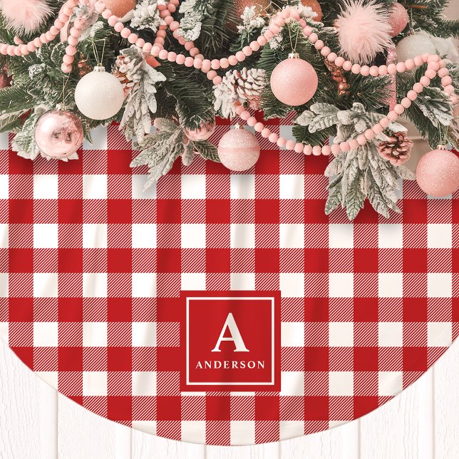 Rött Och Vitt Gingham Rutig Monogram Julgransmatta Borstad Polyester (Skapare uppladdad)