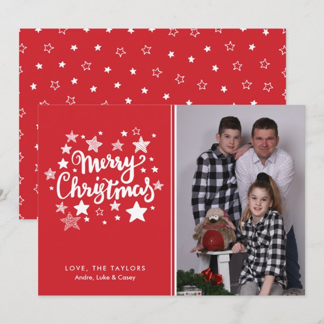 Rött och vitt julfotkort för stjärnor inbjudningar (Fram/baksida)
