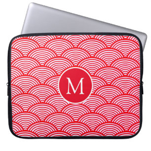 Rött och vitt scallop-mönster monogram laptop fodral