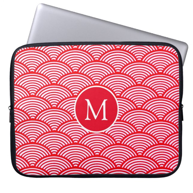 Rött och vitt scallop-mönster monogram laptop fodral (Framsidan)