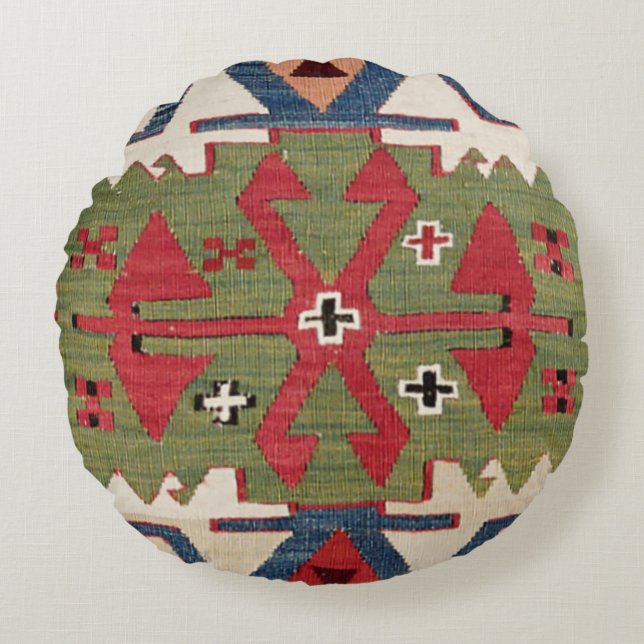 Rött ornamentalt motif Färgfläckblå blomma Rund Kudde (Framsidan)