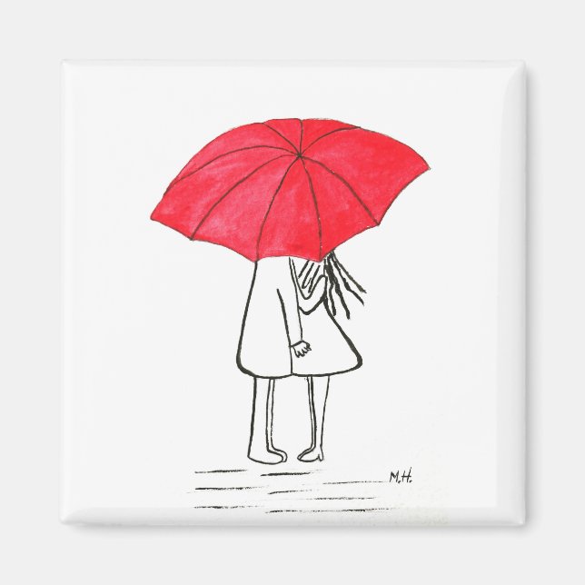 Rött paraply par rustic chic minimalistisk bröllop magnet (Framsidan)