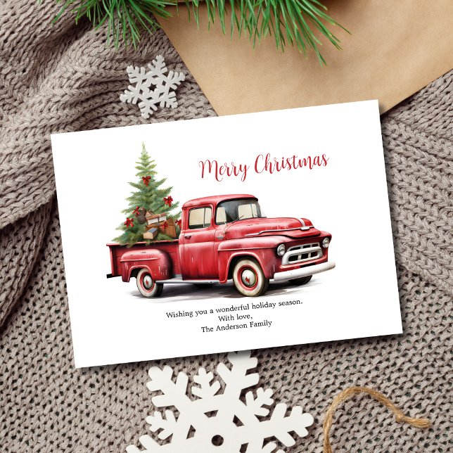 Rött Pickupa Lastbil med Träd i bakre julkort (Red Pickup Truck with Tree in back Christmas Holiday Card, Digital and Printed)