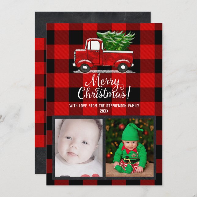 Rött Pickupare Lastbil God jul-familjens fotokort Inbjudningar (Fram/baksida)