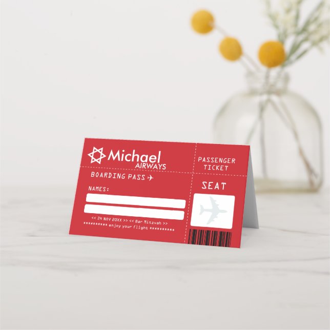 Rött Pub Mitzvah Airline Biljett Place Card Placeringskort (Framsida)
