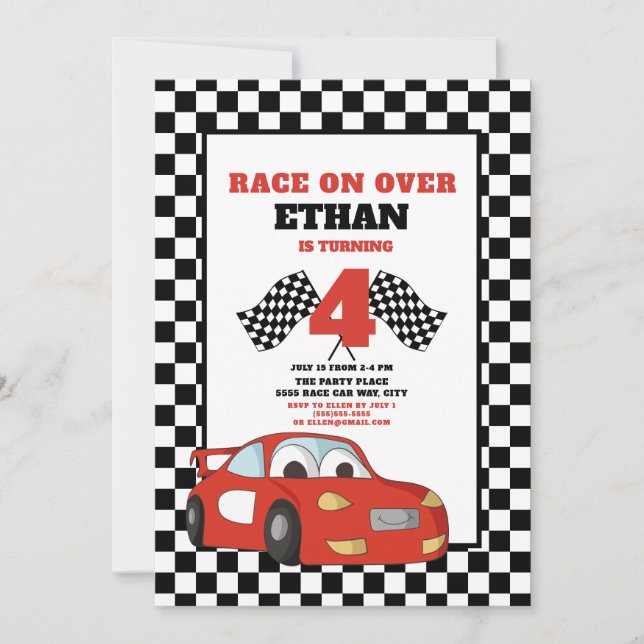 Rött Racerbarn Bil 4:e Race Över Födelsedag Inbjudningar (Framsida)