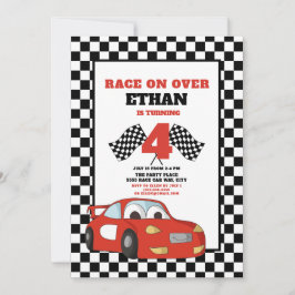Rött Racerbarn Bil 4:e Race Över Födelsedag Inbjudningar