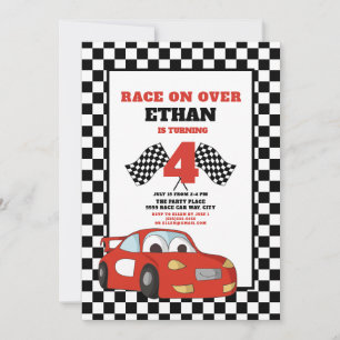 Rött Racerbarn Bil 4:e Race Över Födelsedag Inbjudningar