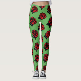 Rött Rosmönster på Grönt Leggings