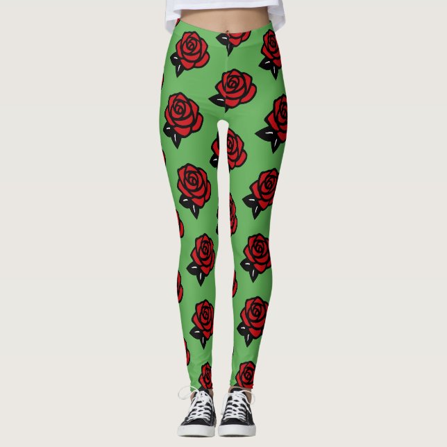 Rött Rosmönster på Grönt Leggings (Framsida)