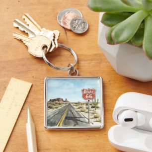 Rött Route 66-märke Fyrkantig Silverfärgad Nyckelring