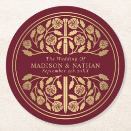 Rött Royal Medeltida Svärd Bröllop Underlägg Papper Rund