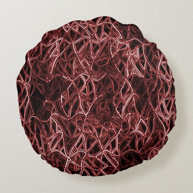 Rött sammanflätat nät av rustik och trångt garn rund kudde (Baksidan)