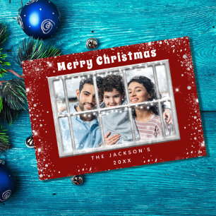 Rött silver glitter-fotokort - julkort inbjudningar