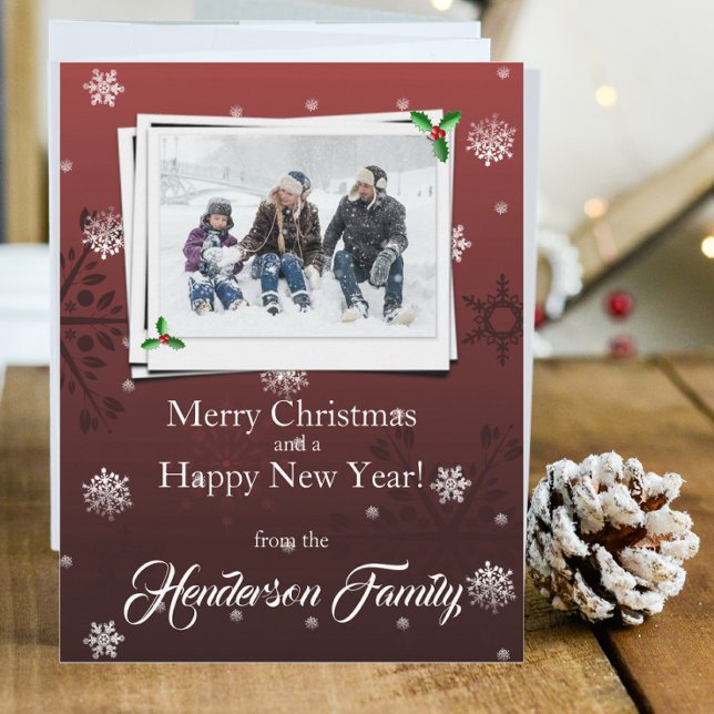 Rött Snöflingor-platta Helgdag-fotokort Julkort (Red Snowflakes Holiday Photo Card)
