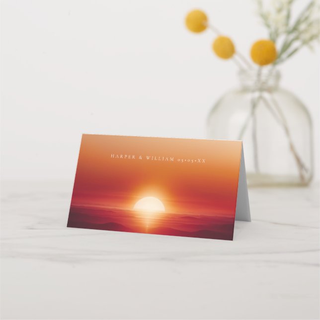 Rött solnedgångskort bröllop placeringskort (Baksida)