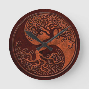Rött stenYin Yang träd Rund Klocka