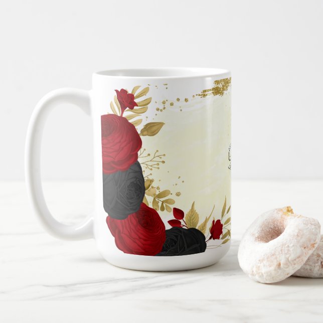 rött svart & guld blommande bröllop kaffemugg (Med munk)