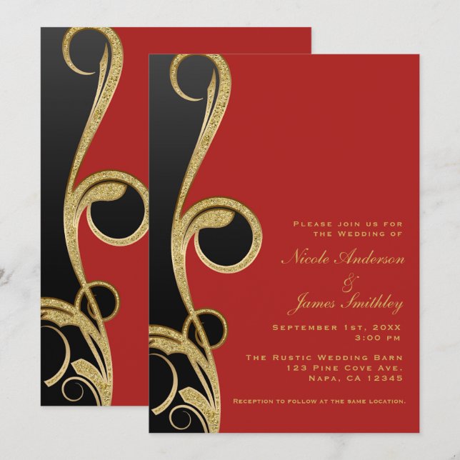 Rött Svart & Guld Modern Glam Elegant Virvel Bröll Inbjudningar (Fram/baksida)