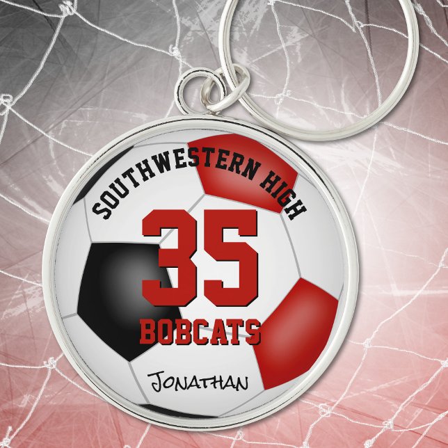 rött svart lag färg-pojkar flickor namn-fotboll rund silverfärgad nyckelring (Skapare uppladdad)