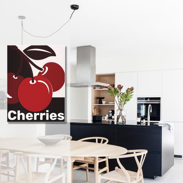 Rött, svart, Vitt kök Väggdekor Idé  - Affisch (Modern Black White Red Cherries Kitchen Poster)