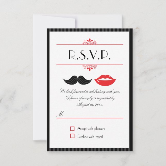 Rött, svart & vitt mustasch & läppar bröllop RSVP OSA Kort (Framsida)