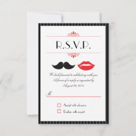 Rött, svart & vitt mustasch & läppar bröllop RSVP OSA Kort
